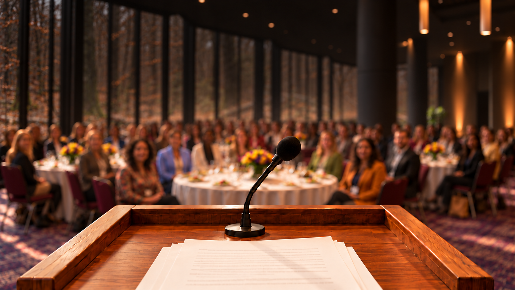 An artistic first-person view from a podium toward an audience gathered around luncheon tables